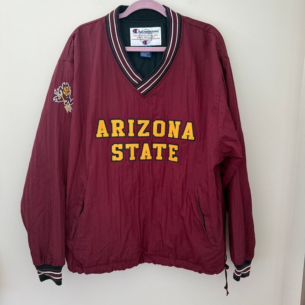 Champion Arizona State Sun Devils V-Neck Windbreaker Maroon Large Sparky ASU
